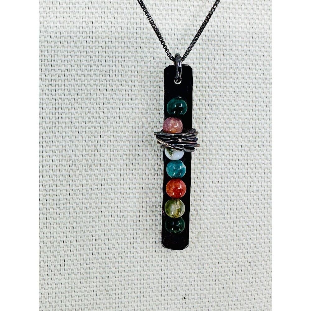 Sterling Silver Necklace Multicolor Stone Wire Wrapped Pendant Jewelry